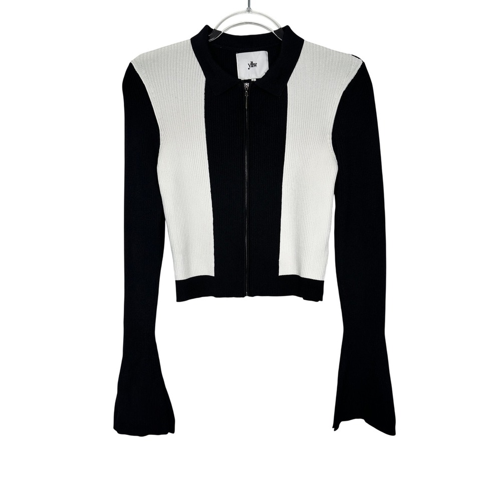 Yellow the Label Colorblock Zip Up Cardigan S Black White Bell Sleeve Sweater